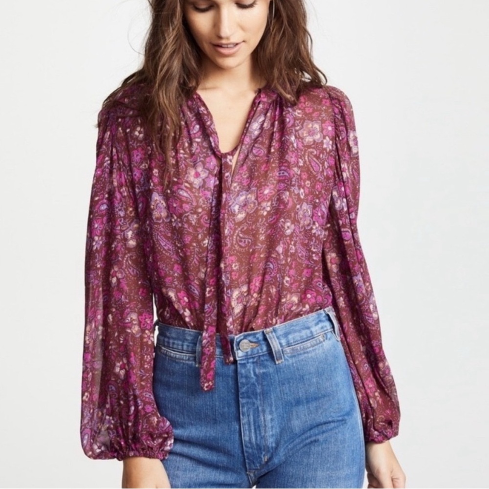 Ulla Johnson Carmine Paisley Floral Blouse Tie Neck 100% Silk Balloon Sleeve (2)